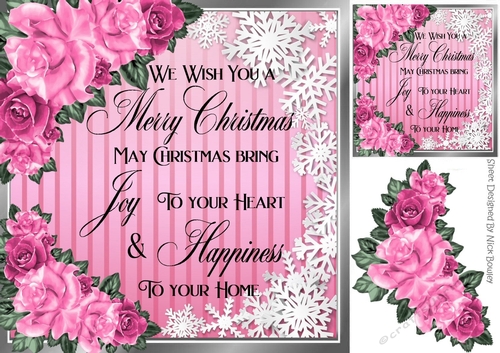 Snow Flakes And Pink Roses With Christmas Verse card fronts 8x8