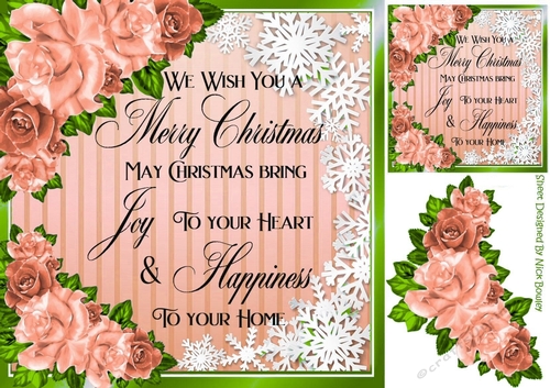 Snow Flakes And Peach Roses With Christmas Verse card fronts 8x8