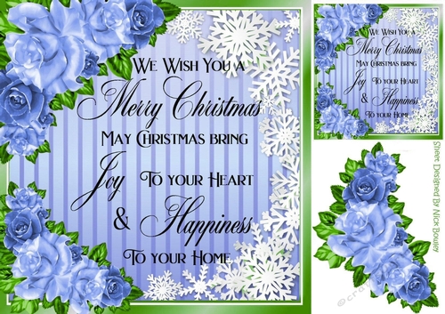 Snow Flakes And Pretty Blue  Roses With Christmas Verse card fronts 8x8