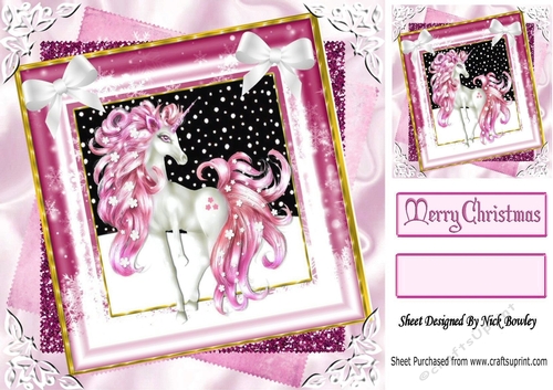 Pink fantasy unicorn  in glitter stacked christmas frame 8x8