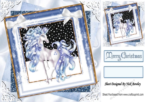 Blue fantasy unicorn  in glitter stacked christmas frame 8x8