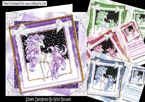  4 fantasy unicorns  in glitter stacked christmas frames card fronts 8x8 mini kit