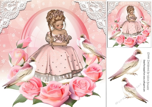 Pretty girl knelt down in glass dome with pink roses & birds 8x8