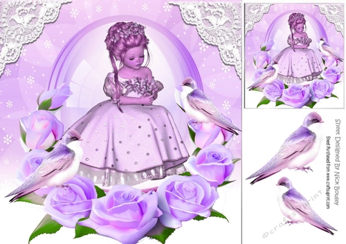 Pretty girl knelt down in glass dome with lilac roses & birds 8x8