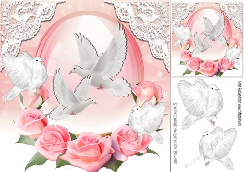 Pretty white doves in flight in glass dome with pink roses  8x8