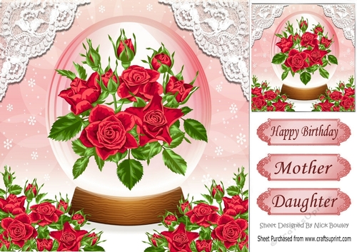 Pretty red roses in glass dome with corner roses and lace 8x8