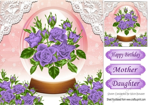Pretty purple roses in glass dome with corner roses and lace 8x8