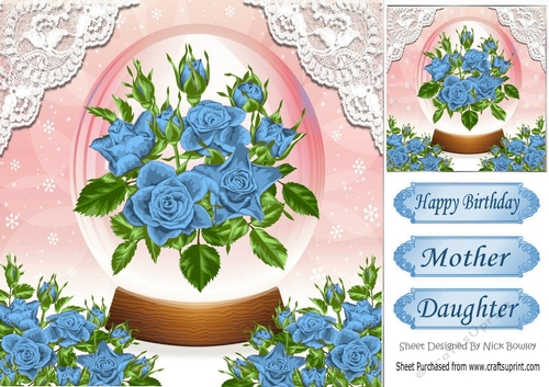  pretty blue roses in glass dome with corner blue roses and lace 8x8