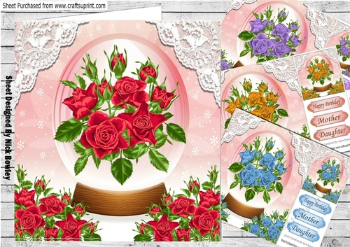  4 coloured roses in glass domes with corner roses card fronts 8x8 mini kit