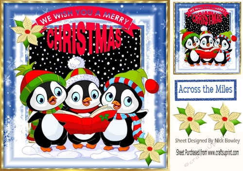 Cute trio of carol singing penguins in snow 8x8