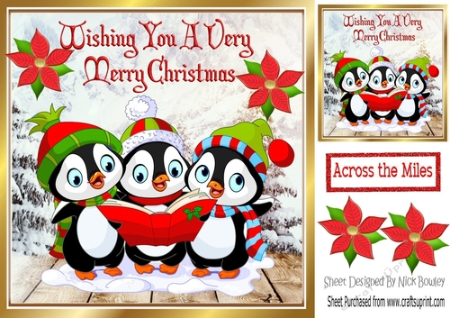 Cute carol singing penguins in snow scene 8x8