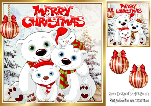 Family of polar bears in snow scene with bauble 8x8
