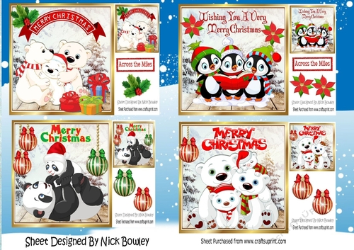 4 lovely christmas Animal card fronts,  2 inserts Mini Kit