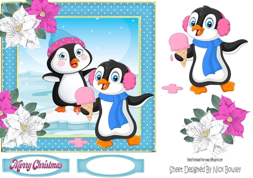 Cute penguins on ice with poinsettias 7x7