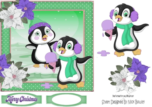 Cute penguins on ice with poinsettias 7x7 (green/purple)