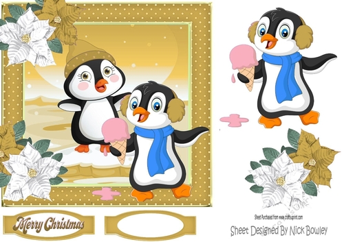 Cute penguins on ice with poinsettias 7x7 (gold/white)