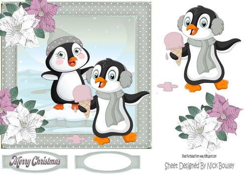 Cute penguins on ice with poinsettias 7x7 (silver)