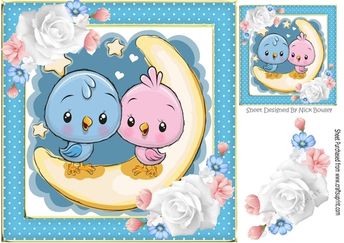 Sweet little pink and blue birds with roses 8x8