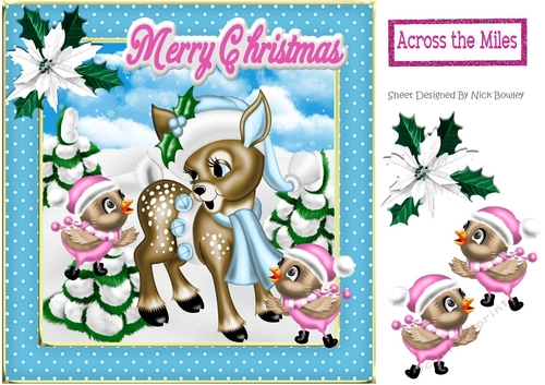 Cute little deer in the snow with little birds 8x8