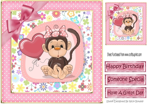 Cute monkey with balloon  and pink bow in polkadot frame 8x8