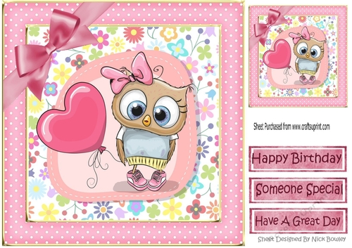 Cute owl with balloon  and pink bow in polkadot frame 8x8