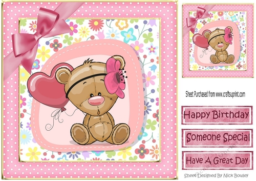 Cute teddy with balloon  and pink bow in polkadot frame 8x8