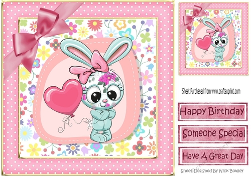 Cute bunny with balloon  and pink bow in polkadot frame 8x8