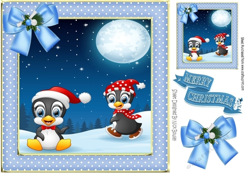 Penguins playing in the snow with  pretty blue bow and polkadot frame 8x8