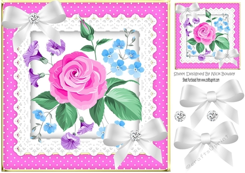 Pretty pink flower arrangement in polkadot and lace frame 8x8