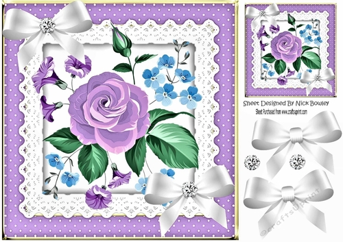 Pretty purple flower arrangement in polkadot and lace frame 8x8