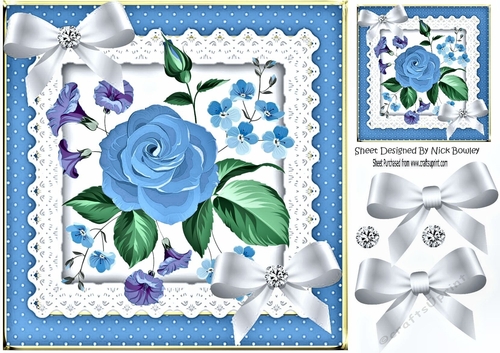 Pretty blue flower arrangement in polkadot and lace frame 8x8