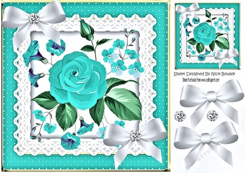 Pretty turq flower arrangement in polkadot and lace frame 8x8