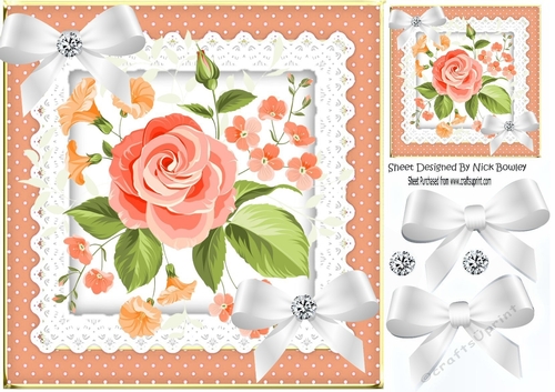 Pretty peach flower arrangement in polkadot and lace frame 8x8