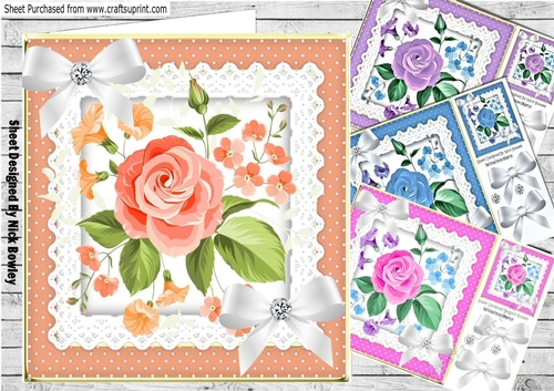  4 flowers in coloured polkadot and lace frame card fronts 8x8 mini kit