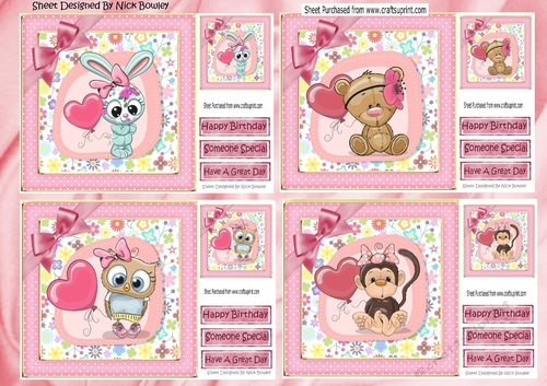  4 Cute animals with balloons  and pink bows in polkadot frames 8x8 mini kit