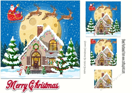 Lovely christmas winter scene with santa flying over a house 7x7