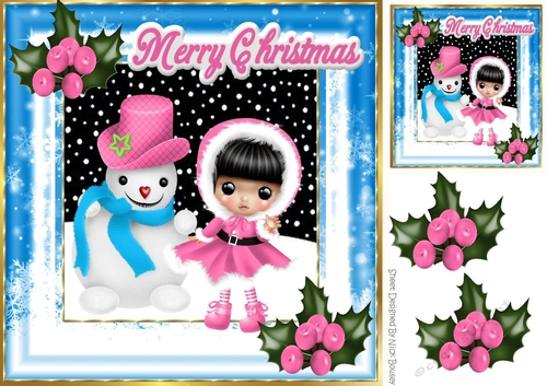 Cute girl in pink with snowman in the snow 8x8