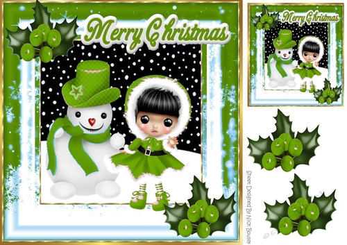 Cute girl in green with snowman in the snow 8x8