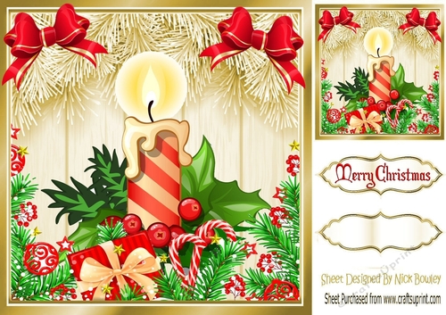Lovely gold  Christmas with fern 8x8 card front with candle & goodies