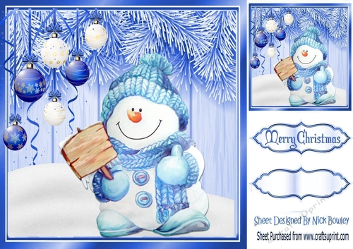 Lovely blue  Christmas with fern 8x8 card front with baubles & cute snowman
