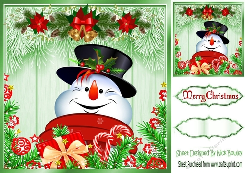 Lovely green  Christmas with fern 8x8 card front with a jolly snowman