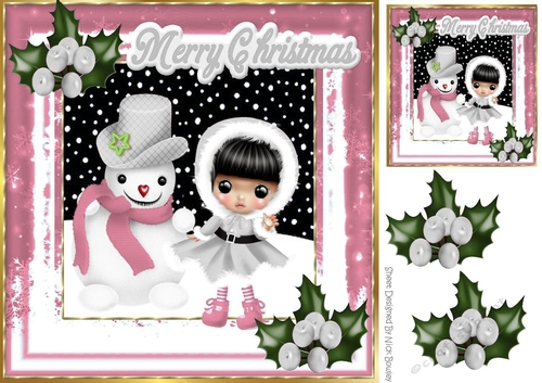 Cute girl in silver with snowman in the snow 8x8