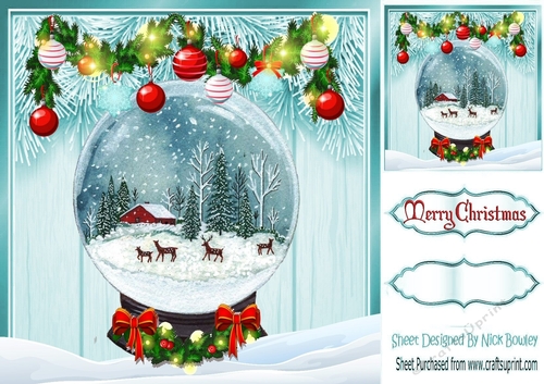 Lovely turq Christmas with fern 8x8 card front with snow globe