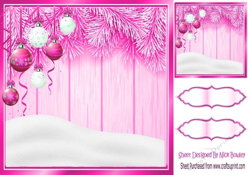 Lovely cerise Christmas with fern 8x8 card front/insert, with snow/baubles