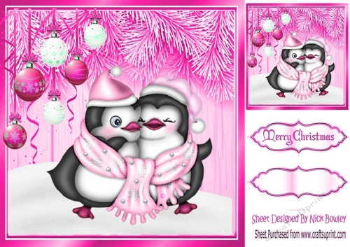  Cerise Christmas with fern 8x8 card front, with snow/baubles/penguins