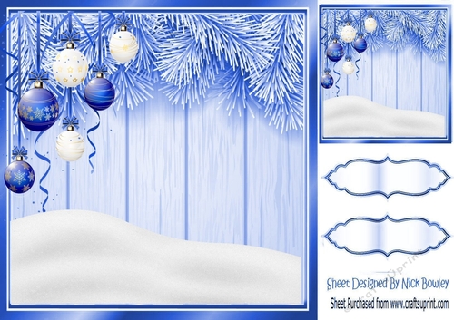 Lovely blue Christmas with fern 8x8 card front/insert, with snow/baubles