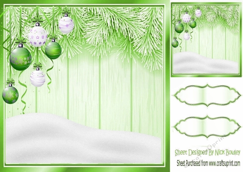 Lovely lime green Christmas with fern 8x8 card front/insert, with snow/baubles