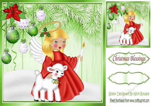  lime green Christmas with fern/snow/baubles/angel 8x8 card front