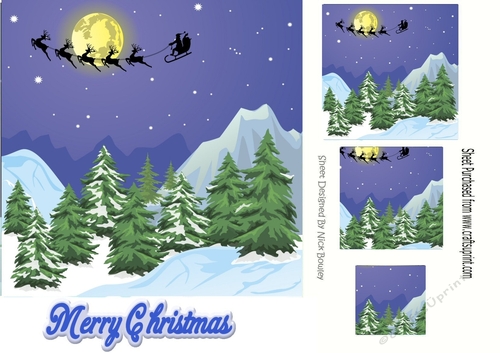 silhouette of santa and his sleigh flying over xmas trees 7x7 with pyramids