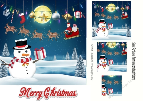  santa and his sleigh flying with snowman 7x7 with pyramids